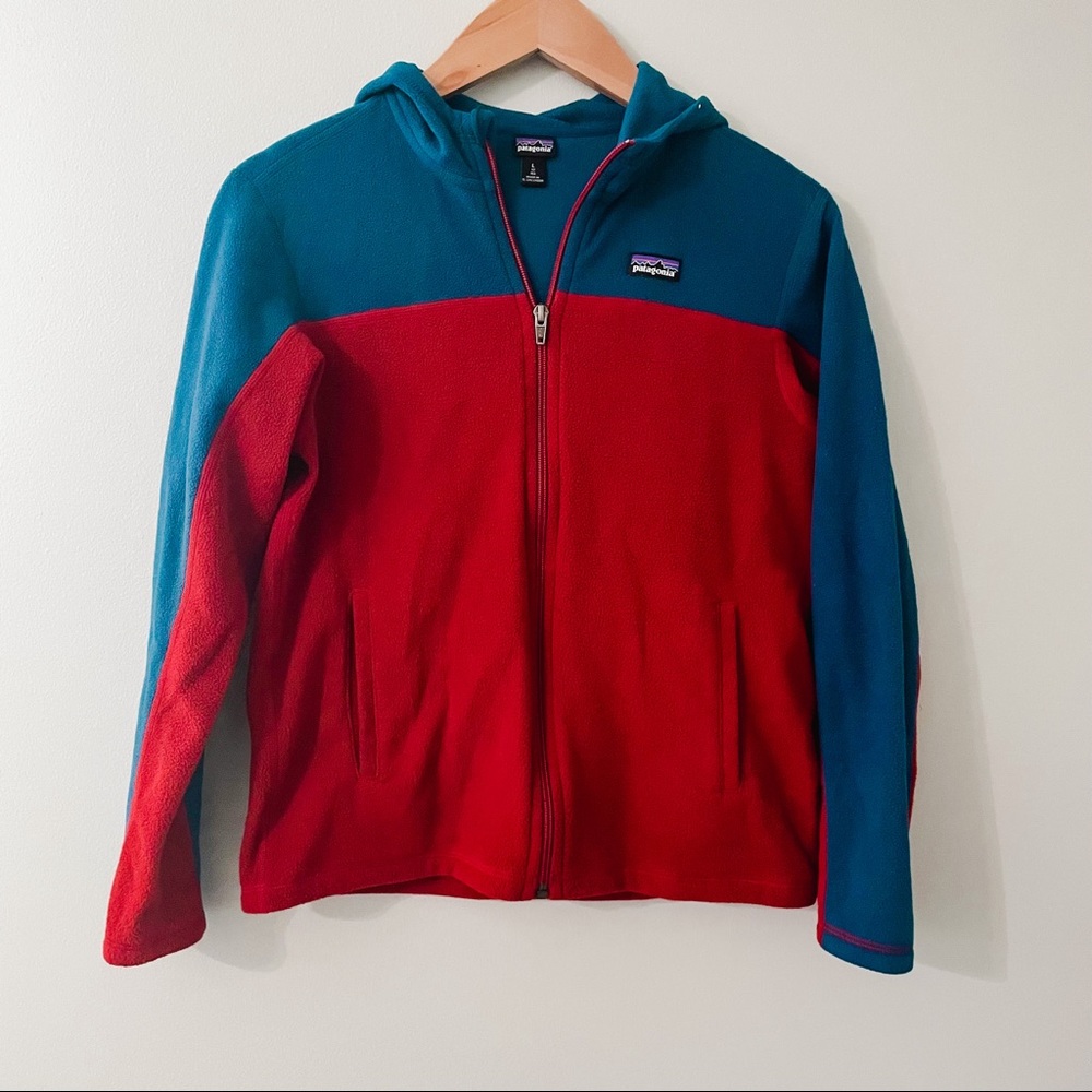 Patagonia Kids Two-Tone Hooded Fleece Jacket in Red and Teal